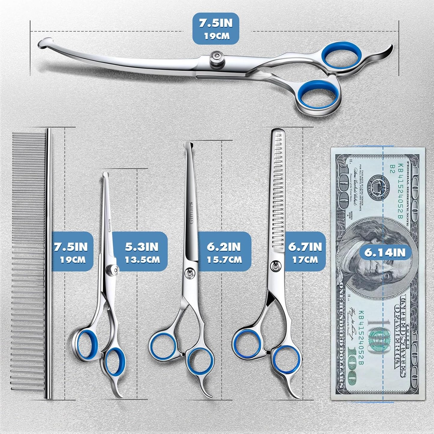Professional 6 in 1 Dog Grooming Scissors 4CR Stainless Steel with Safety round Tip, Heavy Duty Titanium Coated Pet Grooming Scissor for Dogs, Cats and Other Animals