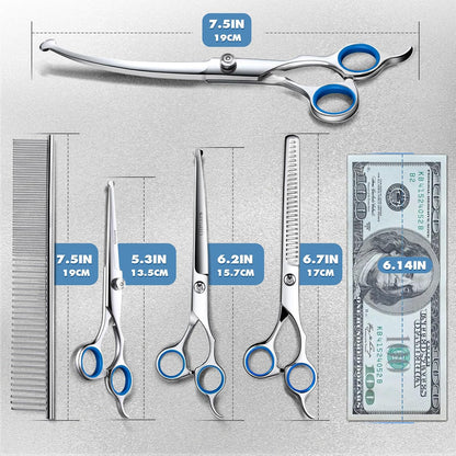 Professional 6 in 1 Dog Grooming Scissors 4CR Stainless Steel with Safety round Tip, Heavy Duty Titanium Coated Pet Grooming Scissor for Dogs, Cats and Other Animals