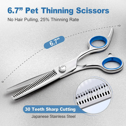 Professional 6 in 1 Dog Grooming Scissors 4CR Stainless Steel with Safety round Tip, Heavy Duty Titanium Coated Pet Grooming Scissor for Dogs, Cats and Other Animals