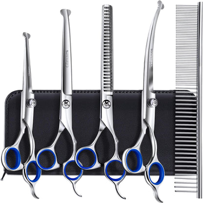 Professional 6 in 1 Dog Grooming Scissors 4CR Stainless Steel with Safety round Tip, Heavy Duty Titanium Coated Pet Grooming Scissor for Dogs, Cats and Other Animals