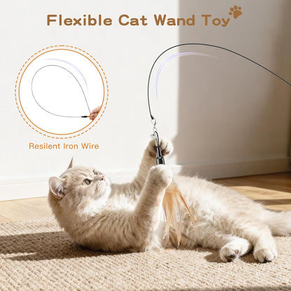 Feather Teaser Cat Toy, Interactive Feather Wand Cat Toy Flying Feather Cat Catcher with Extra Long 34.5" Wand and Small Bell, Fun Exerciser Playing Toy for Kitten or Cat, Brown Feather