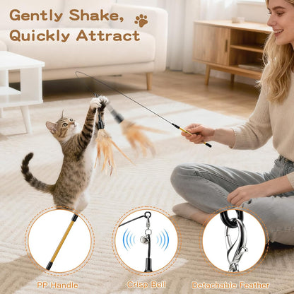 Feather Teaser Cat Toy, Interactive Feather Wand Cat Toy Flying Feather Cat Catcher with Extra Long 34.5" Wand and Small Bell, Fun Exerciser Playing Toy for Kitten or Cat, Brown Feather