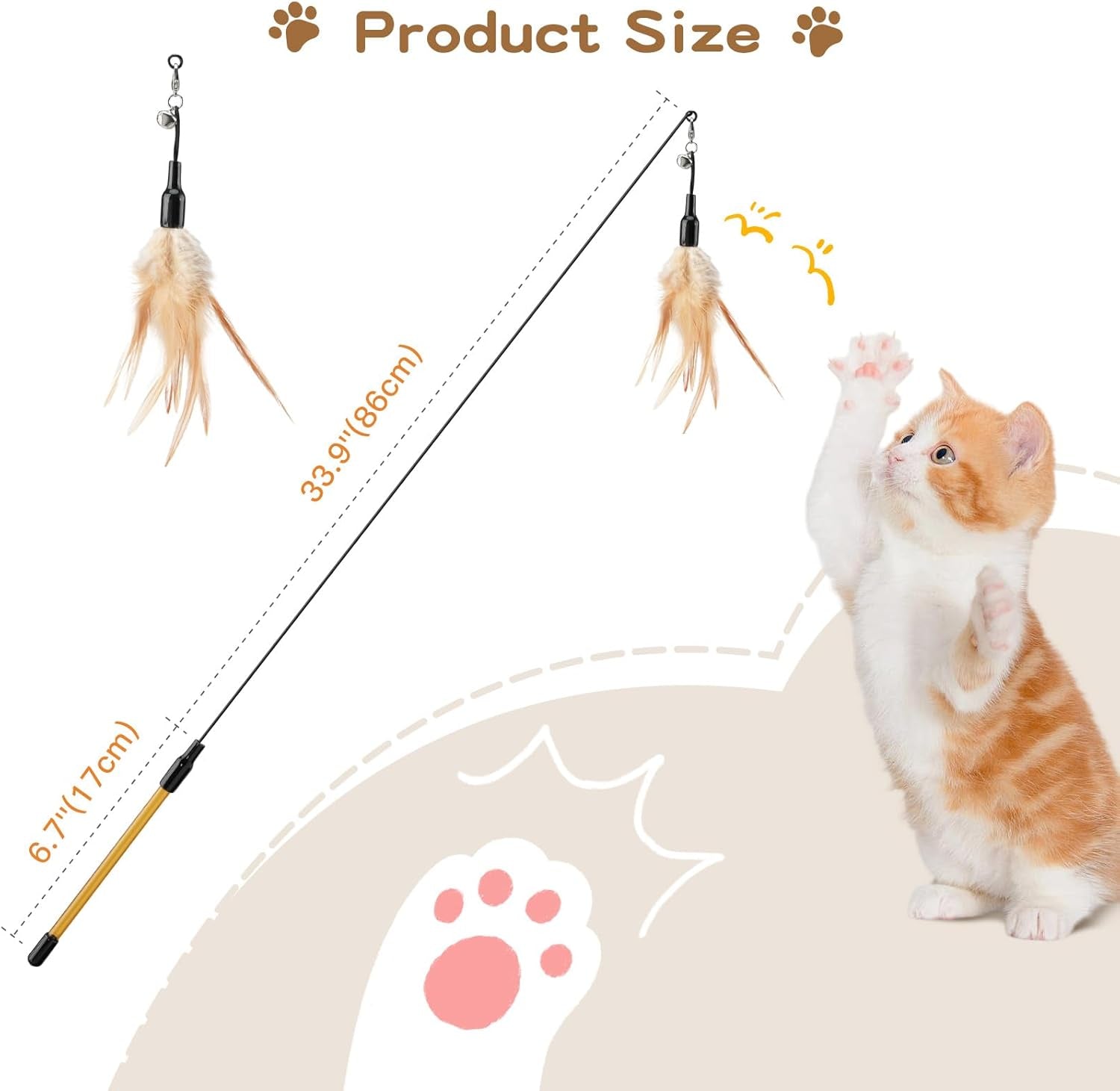 Feather Teaser Cat Toy, Interactive Feather Wand Cat Toy Flying Feather Cat Catcher with Extra Long 34.5" Wand and Small Bell, Fun Exerciser Playing Toy for Kitten or Cat, Brown Feather