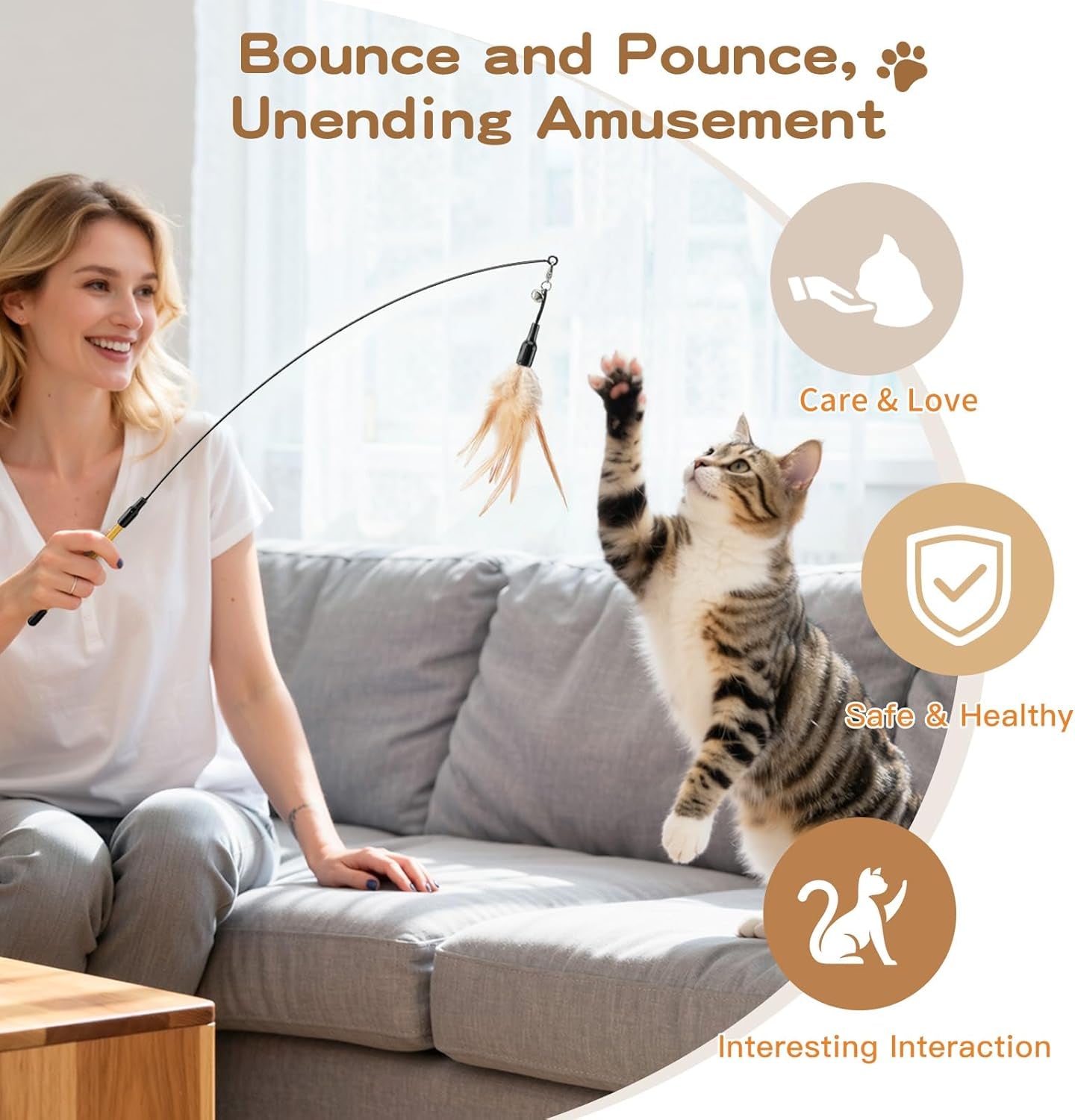 Feather Teaser Cat Toy, Interactive Feather Wand Cat Toy Flying Feather Cat Catcher with Extra Long 34.5" Wand and Small Bell, Fun Exerciser Playing Toy for Kitten or Cat, Brown Feather
