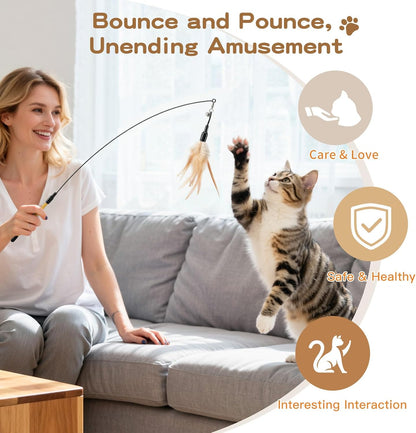 Feather Teaser Cat Toy, Interactive Feather Wand Cat Toy Flying Feather Cat Catcher with Extra Long 34.5" Wand and Small Bell, Fun Exerciser Playing Toy for Kitten or Cat, Brown Feather