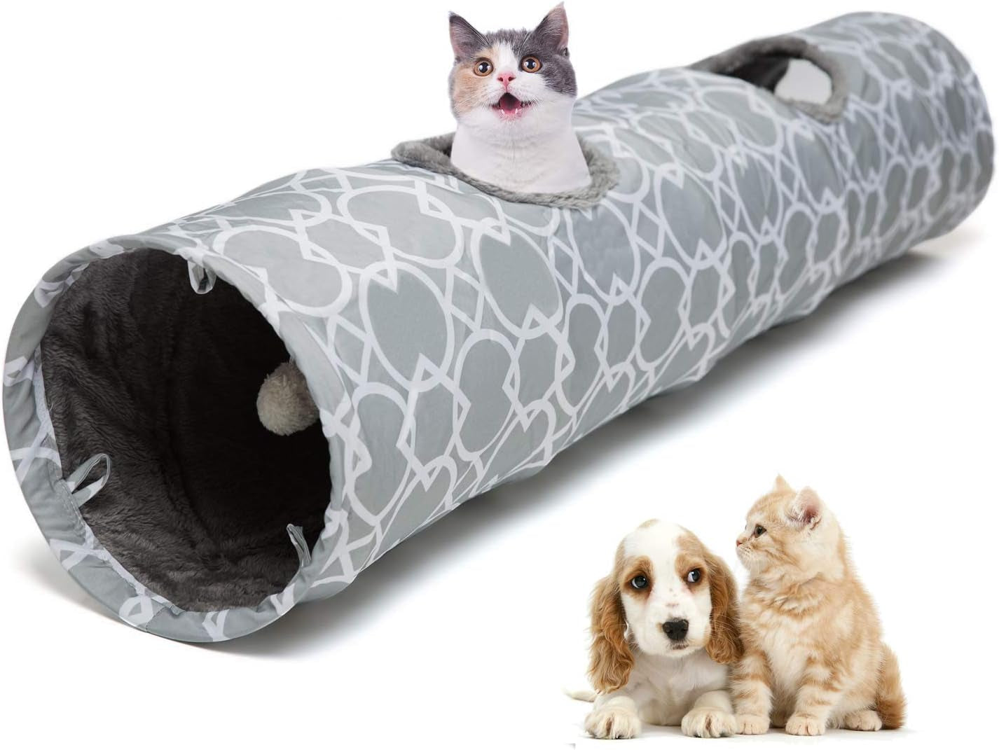 Geometric Straight Cat Tunnel with Plush Inside,Cats Toys Collapsible Tunnel Tube with Balls, for Rabbits, Kittens, Ferrets,Puppy and Dogs, Diameter 9.8 Inch