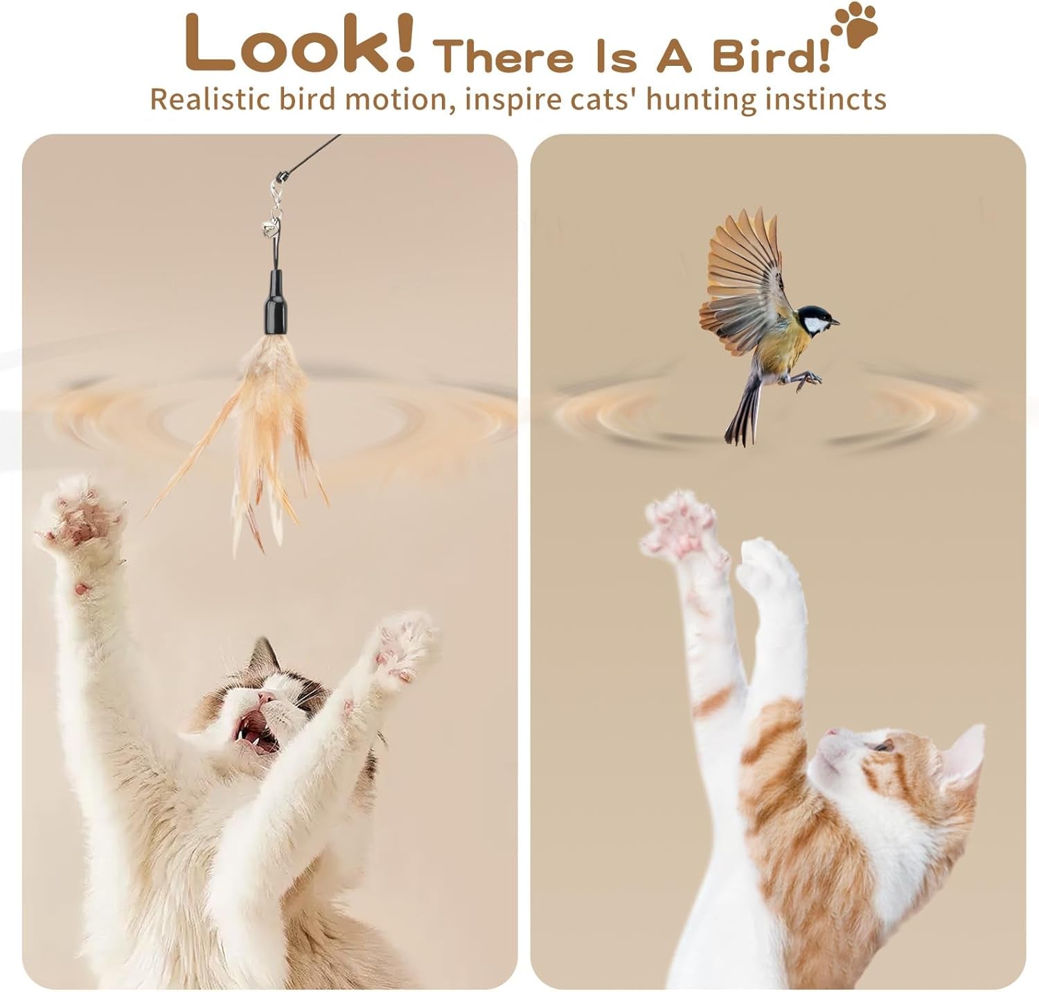 Feather Teaser Cat Toy, Interactive Feather Wand Cat Toy Flying Feather Cat Catcher with Extra Long 34.5" Wand and Small Bell, Fun Exerciser Playing Toy for Kitten or Cat, Brown Feather